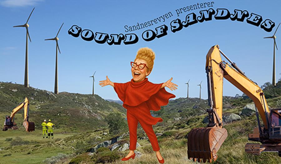 Dame i rød klær synger med bakgrunn av gravemaskin og vindmøller