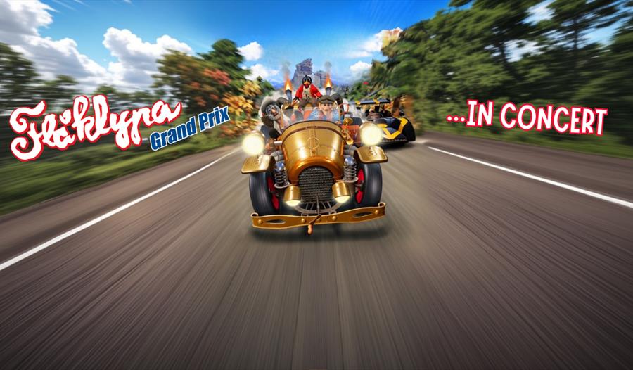 Scenen fra filmen Flåklypa Grand Prix med racerbiler