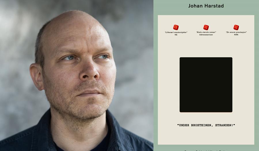 Plakat for arrangementet, avbildet forfatter og bok.