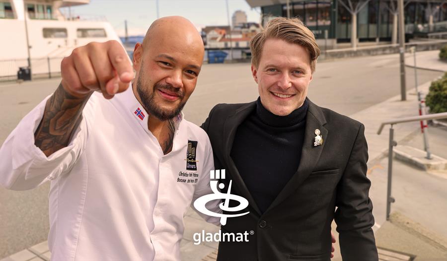 Christian André Pettersen og Thor Oddvar Havn med logo av Gladmat