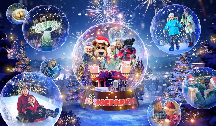 En festlig vinterscene med snøkuler som viser familier som nyter juleaktiviteter som skøyter, akebakker og fyrverkeri, omgitt av en glitrende, snødekt skog.