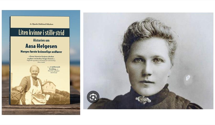 Bilde av boken som skal presenteres på foredraget og kvinnen den handler om