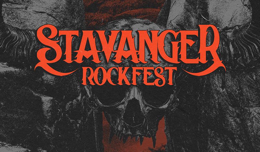 Plakat av hodeskaller og rød tekst som annonserer for Stavanger Rockfest