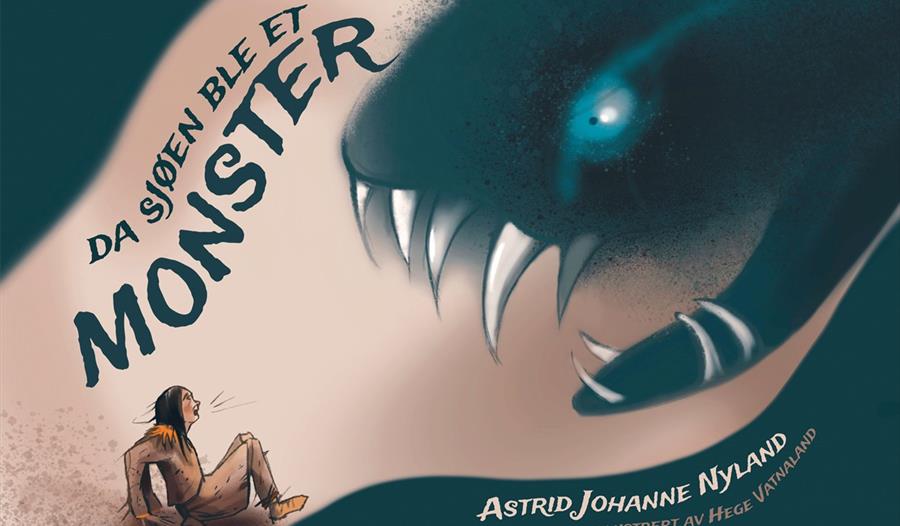 Omslag til «Da sjøen ble et monster» med en stor monsterbølger med de skarpe tennene og en man