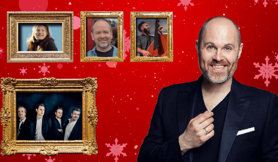 Magnus Staveland og fire bilder på en rød vegg