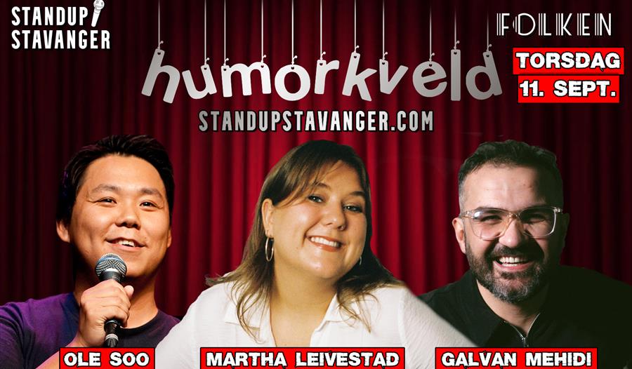 Annonse med komikere som deltar i humorkveld