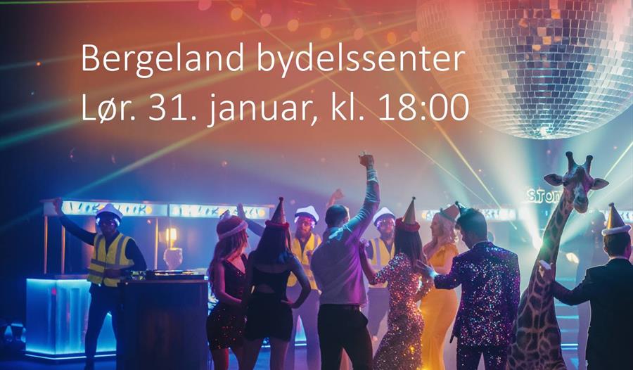 Bilde av mennesker og en sjiraff på et dansegulv.