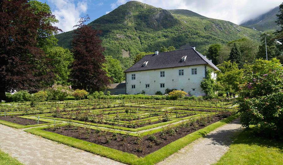Baroniet Rosendal sin vakre rosehage med fjella i bakgrunnen.