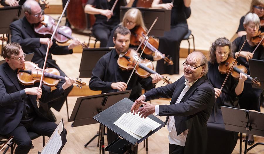 Et Symfoniorkester med violin-artister på en scene