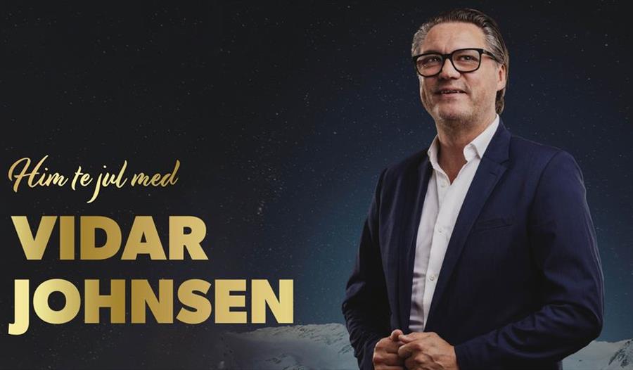 Plakat som annonserer for julekonserten him te jul og et bilde av en mann i dress med briller, Vidar Johnsen