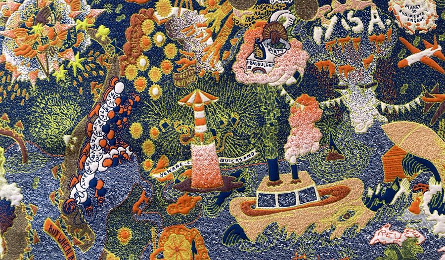 Detalj fra Fanja Bouts' monumentale billedteppe, vist på Kunsthall 3,14.