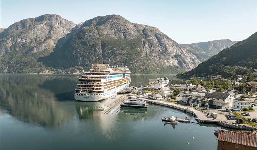 Havneområdet med et cruiseskip, et mindre fartøy, et sjøfly og folk på kaien.