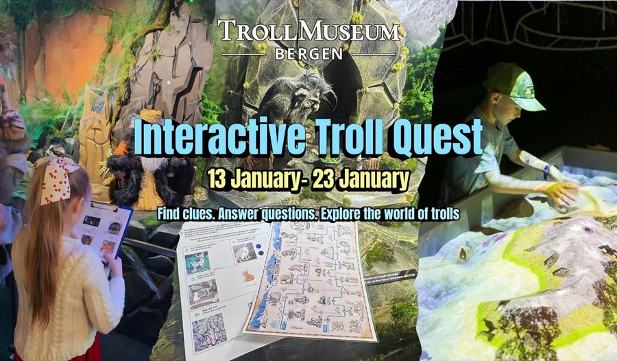 Plakat for interaktiv trolljakt i Trollmuseet Bergen (engelsk versjon)