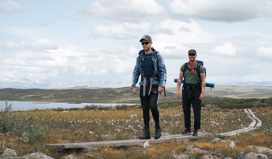To menn på tur på tresti på Hardangervidda.