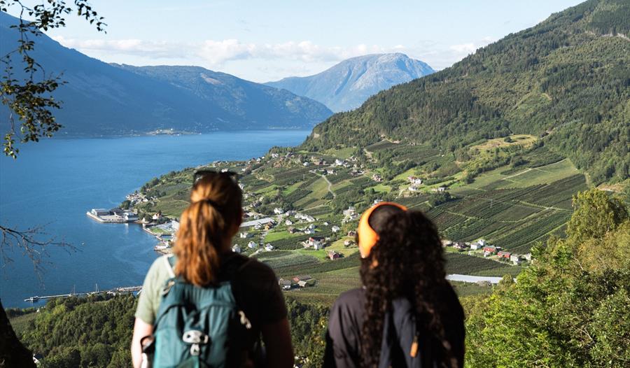 To mennesker som står og ser på utsikten mot Hardangerfjorden og en bygd.