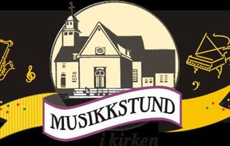 Bildet av Egersund kirke, saksofon og klaver på svart bakgrunn og musikkstund skrevet på