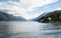 Sjarmerande fjordlandskap med idylliske hus langs Hardangerfjorden.