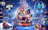 En festlig vinterscene med snøkuler som viser familier som nyter juleaktiviteter som skøyter, akebakker og fyrverkeri, omgitt av en glitrende, snødekt skog.