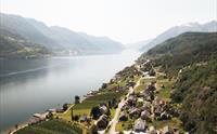Oversiktsbilde over ein fjord i Hardanger med grøne åssider, små bygder og frukthager langs vannkanten.