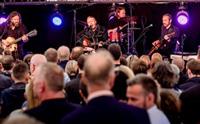 Crowds at a concert, band playing on stage