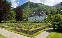 Baroniet Rosendal sin vakre rosehage med fjella i bakgrunnen.