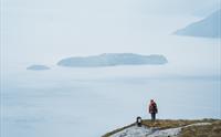 Kvinne og hund på tur i fjellet over Hardangerfjorden.