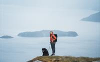 Kvinne og hund på tur i fjellet over Hardangerfjorden.