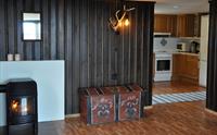 Utsnitt av kjøkken og stove med peis