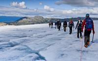 Gruppe med fotturistar på tur over Folgefonna-breen i Hardanger, leia av ein breførar med isøks og stegjern.