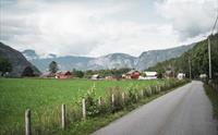 En vei gjennom grønne jorder med røde hus og fjell i bakgrunnen.