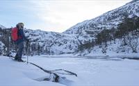 En vandrer beundrer det frosne landskapet ved en islagt foss og elv i Husedalen.