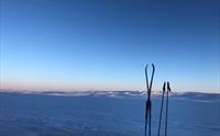 Ski og staver står i snøen på Hardangervidda under solnedgang.