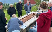 Gruppe med gjester som spelar tradisjonelt brettspel ute i den friske fjordlufta på Jaastad Gjestetun.