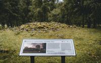 En informasjonstavle foran en vikinggrav.