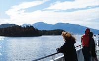 Ei kvinne ser utover fjorden og fjellandskapet frå Hardangerfjordekspressen i frisk luft.
