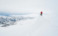 En rødkledd person på ski ser utover et snødekket landskap på topptur i Hardanger.