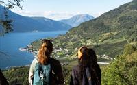 To mennesker som står og ser på utsikten mot Hardangerfjorden og en bygd.