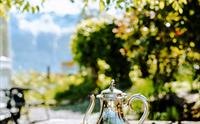 Ein fredfull tekopp i den vakre hagen på Utne Hotel med utsikt over fjorden.