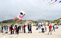Drager i luften på stranden. Folkemengde