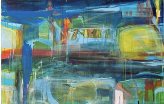 "To hus og et tørkestativ", akryl på lerret 80 x120 cm av Anita Tjemsland